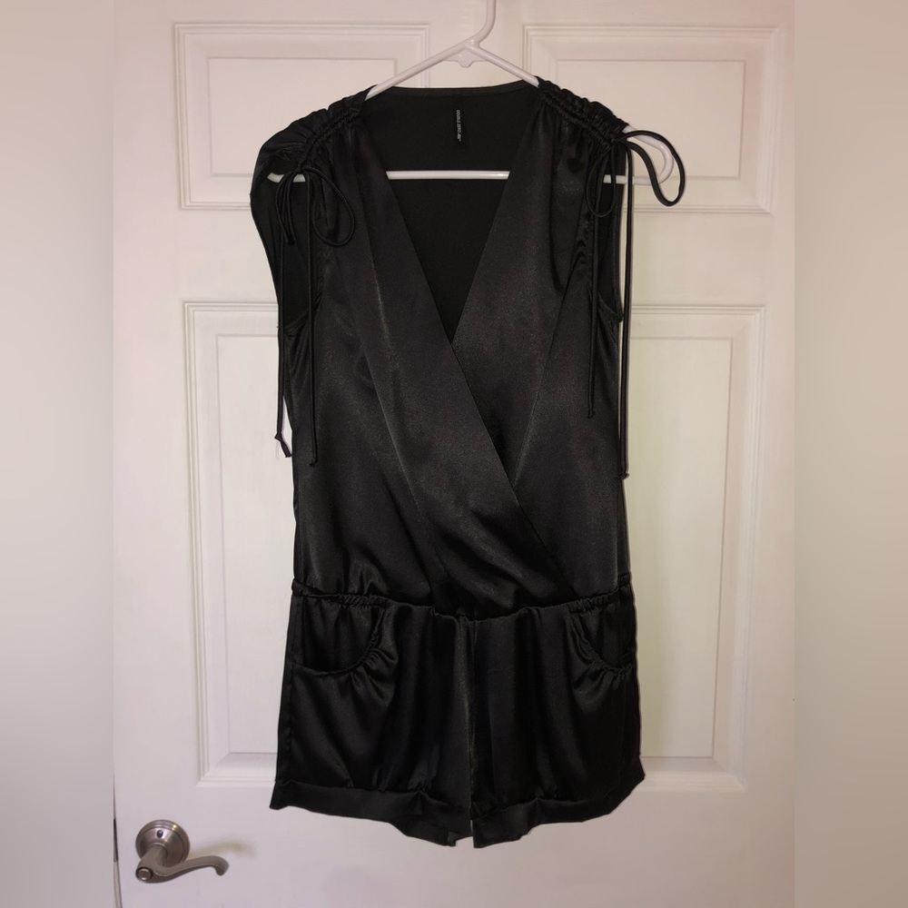 Double Zero Women’s Junior’s Retro One Piece Sexy Black Shiny Sleeveless Romper